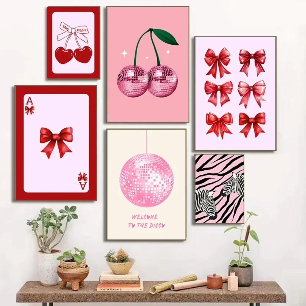Pink Bows Canvas Painting Wall Art Cherry Disco Ball Zebra Poster Print Picture Preppy Girl Room Home Decor