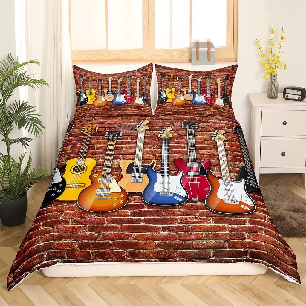 Music Bedding Set Piano Keyboard Music Note Duvet Cover Queen Size Bed Linen Comforter Microfiber Guitar Polyester Bedding Sets