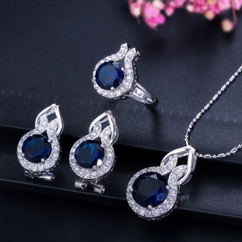 Jewelry Set, Bridal Jewelry Set, Simple Zircon Jewelry Necklace, Earrings, And Three Rings.