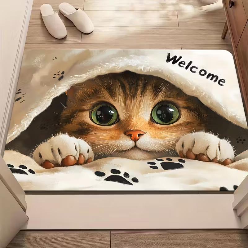 2D "Cute Little Cat Waiting for You To Come Home" Mat Welcome Mat Entrance Mat Soft and Comfortable Carpet Bathroom Entrance Mat