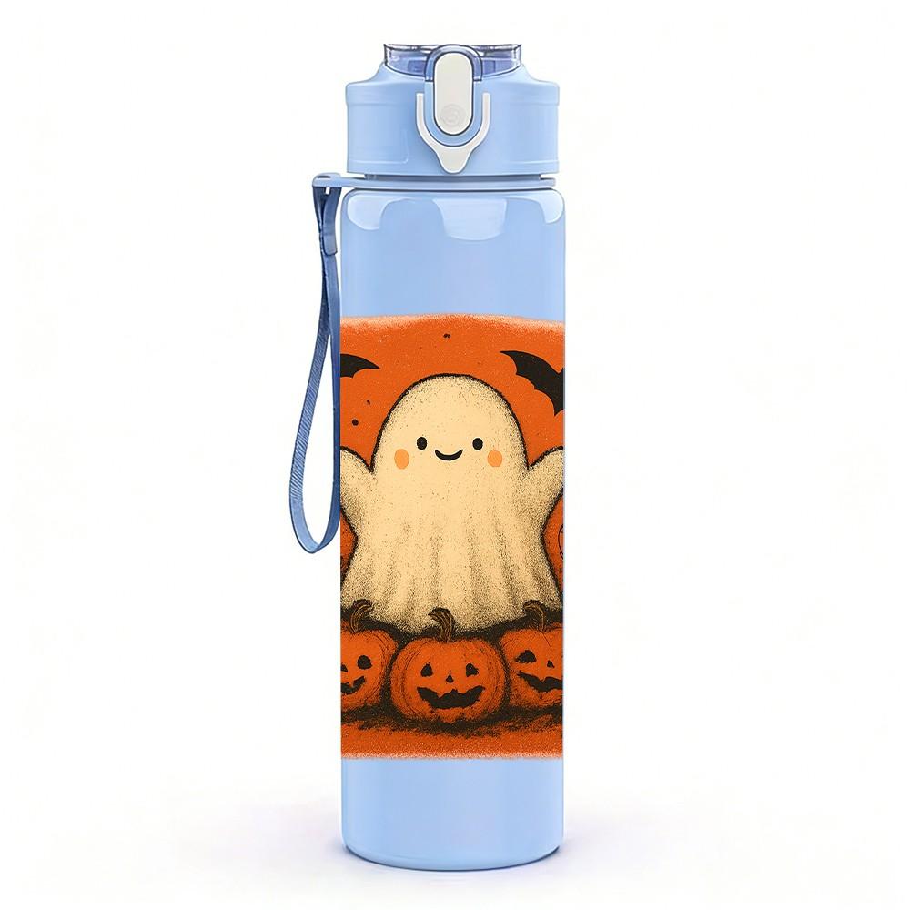 1PC Pumpkin Ghost Orange Print 750ml Color Plastic Sports Water Bottle Leakproof Flip Straw Lid Suitable for Sports Office Home Use