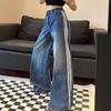 2024 Women's Blue Washed Distressed Retro Jeans with Three-Bar Stripes, Large-Size Straight Trousers for Autumn and Winter.