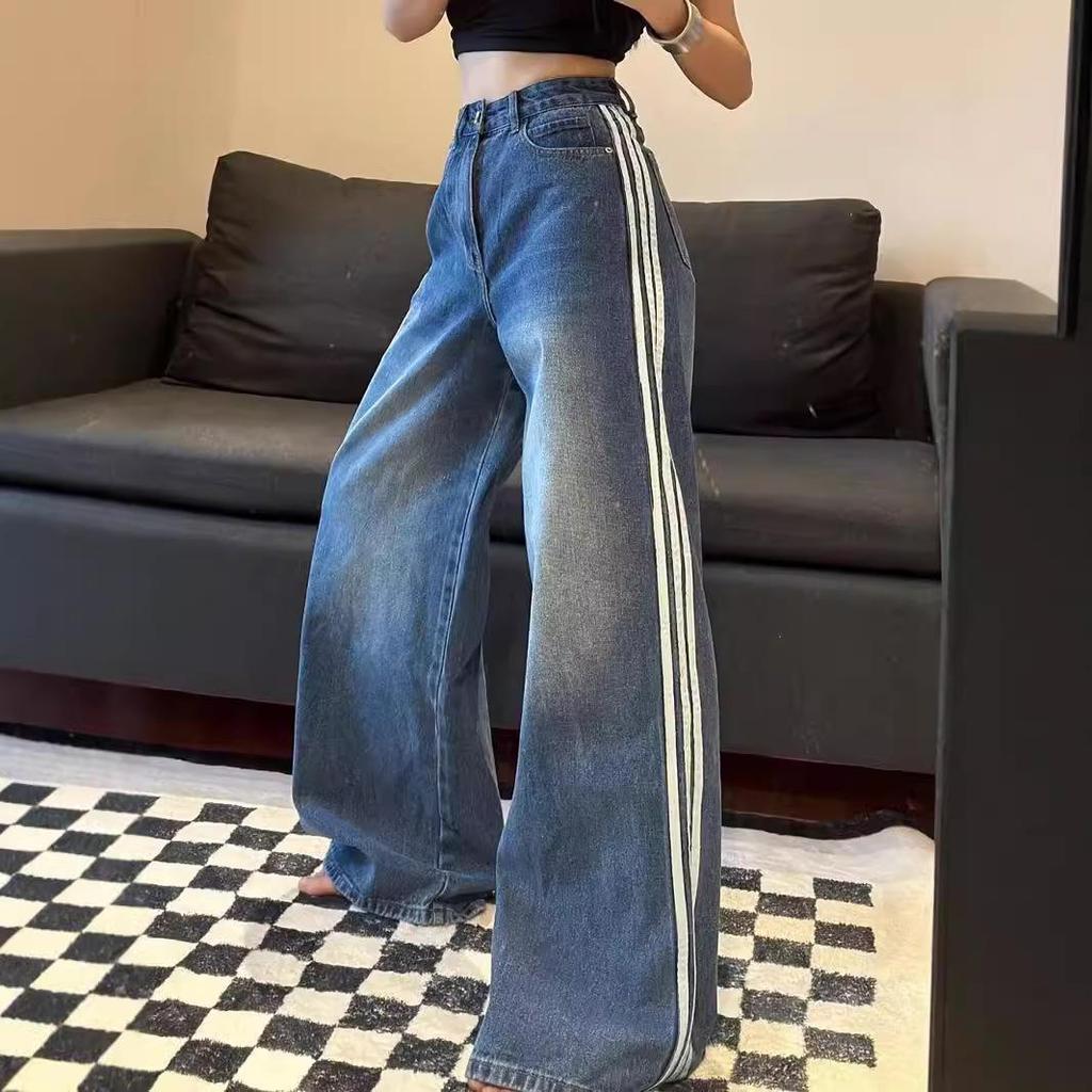 2024 Women's Blue Washed Distressed Retro Jeans with Three-Bar Stripes, Large-Size Straight Trousers for Autumn and Winter.