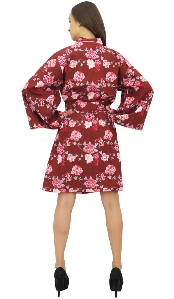Bimba Женский халат-кимоно бордового цвета с поясом и цветочным принтом, накидка для сна -