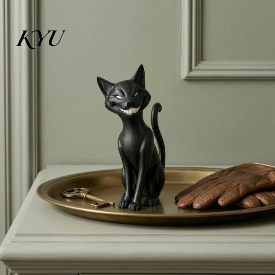 Unique Witchy Desk Decor 3D Printed Grinning Black Cat Statue, Sitting Figurine, Dark Creepy Cute Statue Style Sculpture, Halloween Decorative