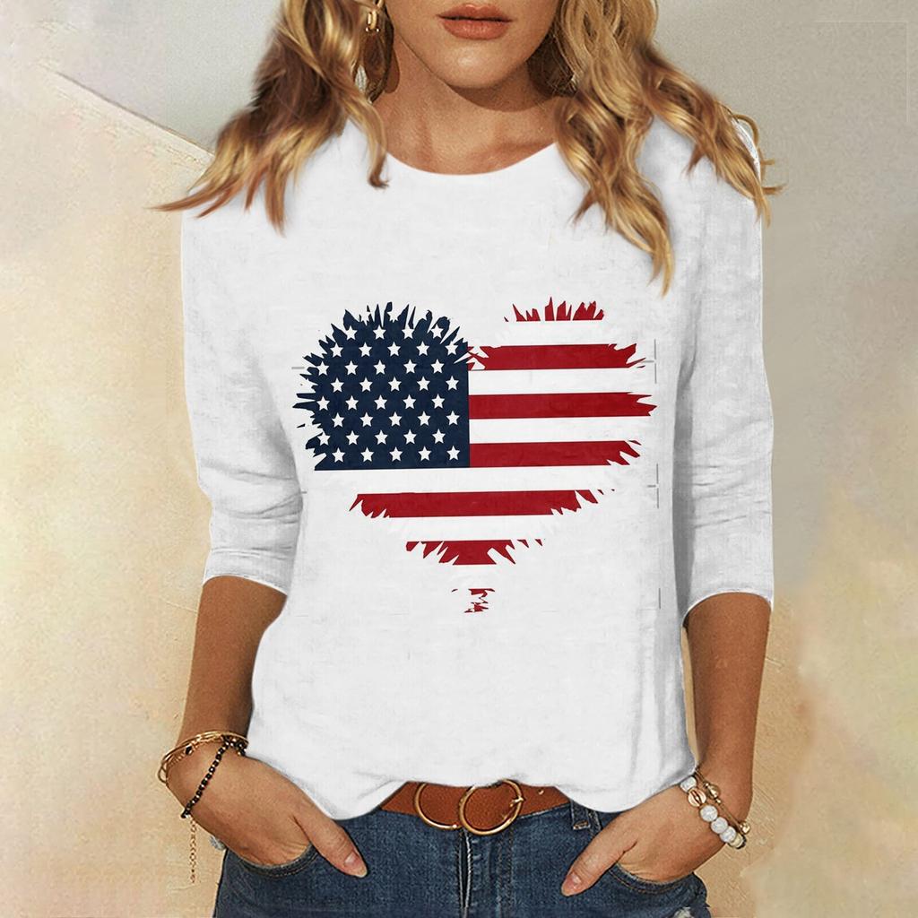 Women's Fashion Casual Three Quarter Sleeve Independence Day Print Round Neck Pullover Top Blouse
