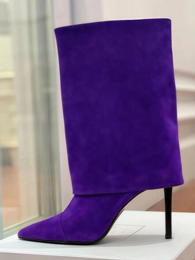 Полусапоги из замши до середины икры EU/US - Остроносые на шпильке Однотонные сапоги поверх брюк для женщин Офисный шик Зимняя обувь