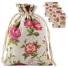 WTEMPO Linen Rose Print Drawstring Gift Bags Elegant Jewelry Packaging for Weddings, Birthdays & More