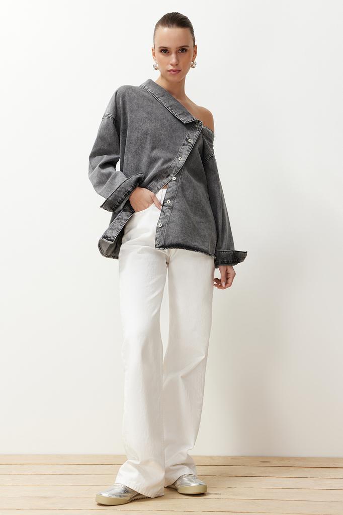 Women's Fashion New Shirt Black Asymmetrical Collar Detailed Denim Shirt