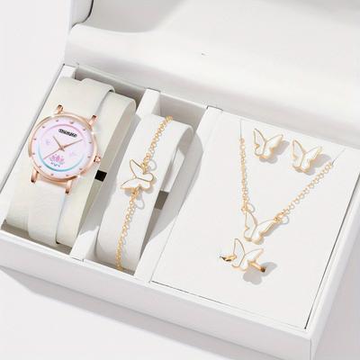6 шт./компл. женские часы, повседневные кварцевые часы с круглой стрелкой, аналоговые наручные часы из искусственной кожи, женский браслет, ожерелье, серьги, кольцо, комплект ювелирных изделий, подарок для нее
