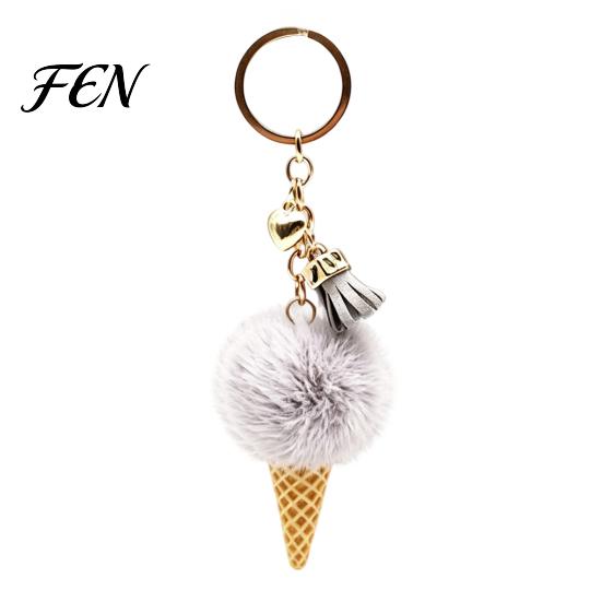 Decorative Ice Cream Pendant Plush Keychain for Backpacks, Fluffy Cone Handbag Hanging Accessory Bag Charm, with Metal Ring Decor