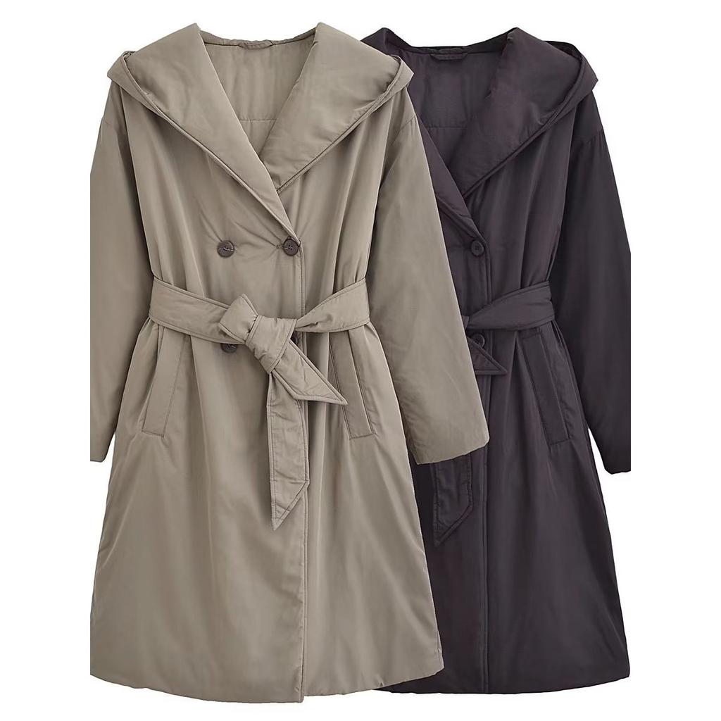 Autumn Winter Product Women's Fashion Casual Windbreaker Style Belt Hooded Cotton Coat