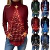 Women's Fashionable Loose-Fit High-Neck T-Shirt With Christmas Print Long-Sleeved Top
