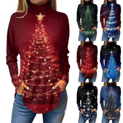 Женская модная футболка свободного кроя с высоким воротом и рождественским принтом, топ с длинным рукавом