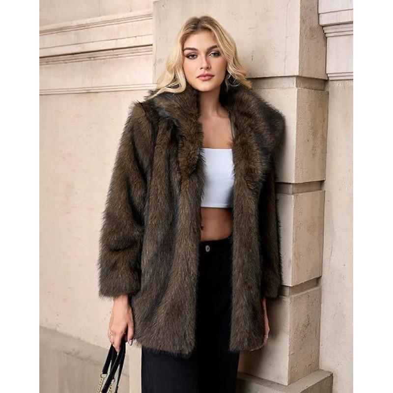 Womens Mid-Length Faux Fox Fur Coat Warm Loose Fluffy Winter Outerwear