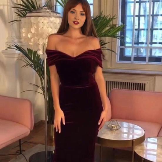 Sumer Evening Dress Off Shoulder Strapless Velvet Skinny Sheath Solid Color Sleeveless Backless Cocktail Party Prom Midi Dress