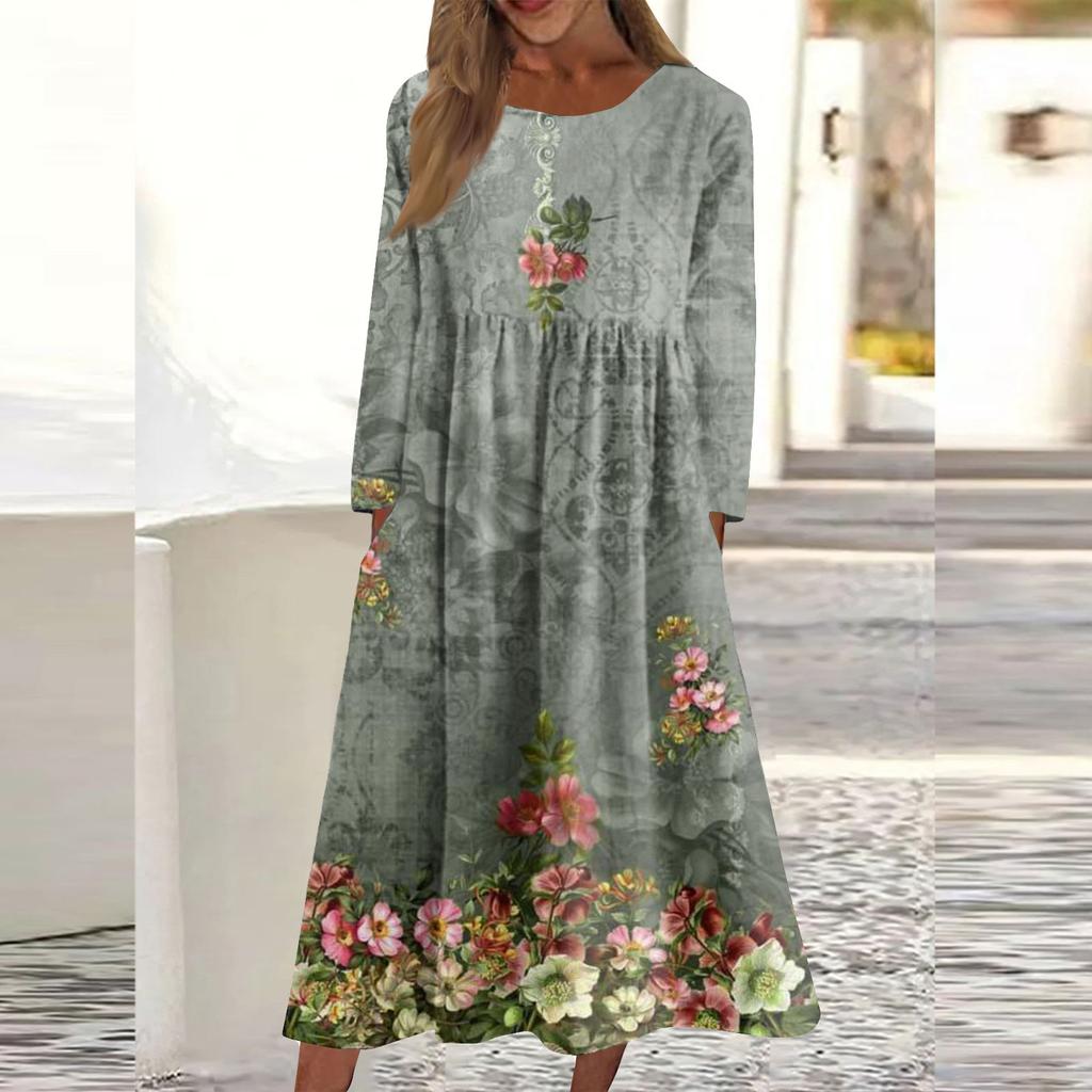 Женское повседневное платье средней длины с круглым вырезом и принтом, карманное платье с длинными рукавами