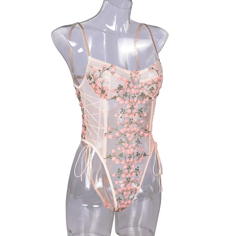 Lace Embroidery Bandage See-Through Sexy Bodysuit for Women