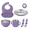 Kids Stainless Steel Silicone Cutlery Set 6 Pieces Including Plate Bowl Spoon Fork Cup and Bib
