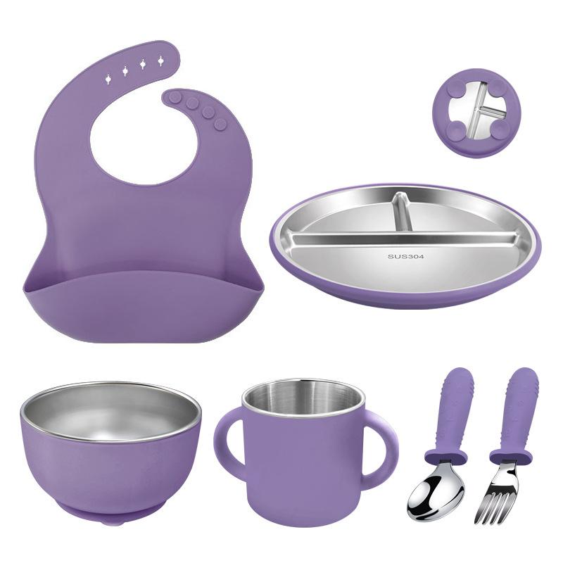 Kids Stainless Steel Silicone Cutlery Set 6 Pieces Including Plate Bowl Spoon Fork Cup and Bib