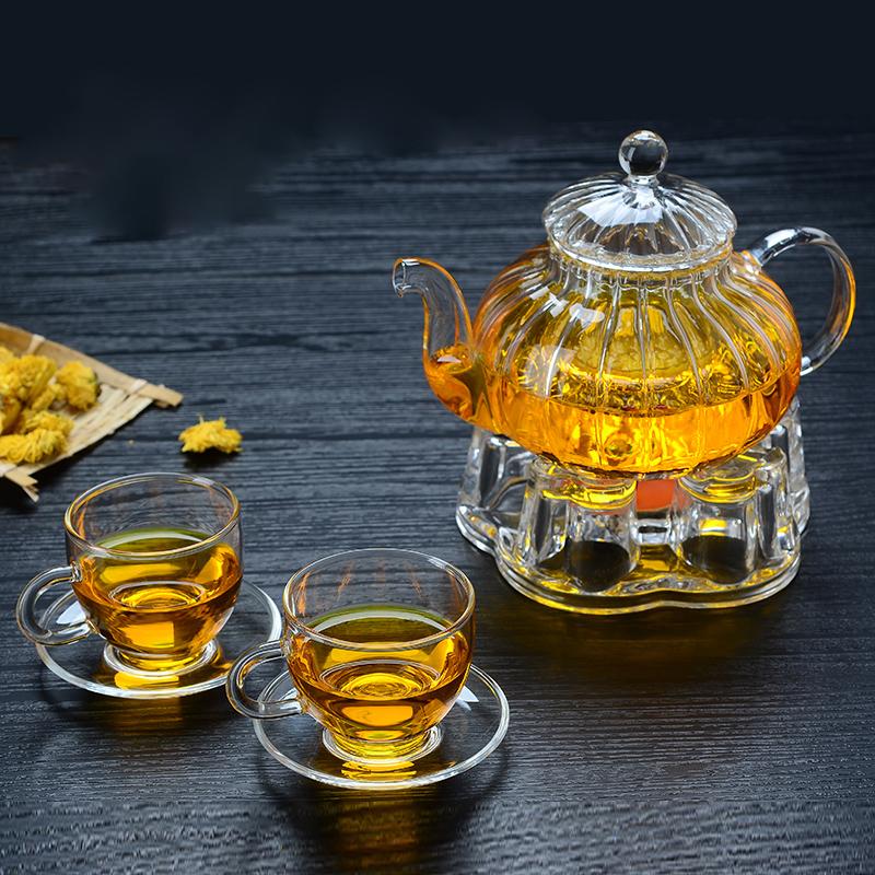 Heat Resistant Glass Pot 600ml Striped Pumpkin Shape Flower Teapot Glass Teapot with Infuser Tea Leaf Herbal Flower TeaCup