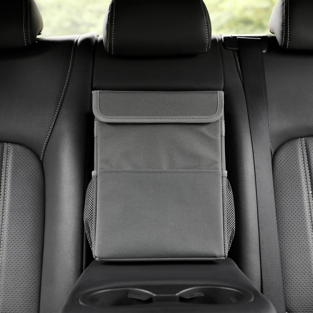 Car Garbage Can With Lid Leak Proof Vehicle Trash Can 3 Storage Pockets Hanging Waterproof Car Trash Bag For SUV Grey
