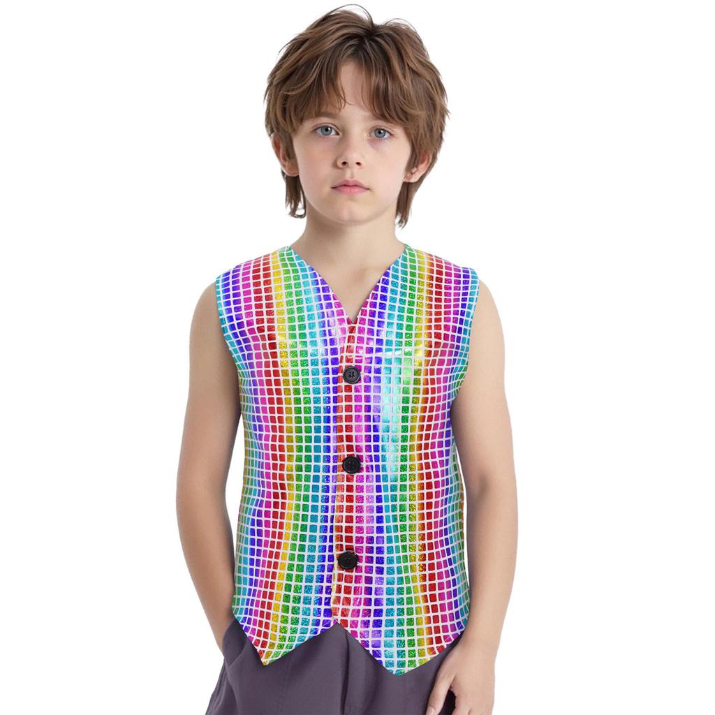 Boys Girls Dance Stage Performance Costume V Neck Sleeveless Asymmetrical Hem Button Metallic Plaid Vest