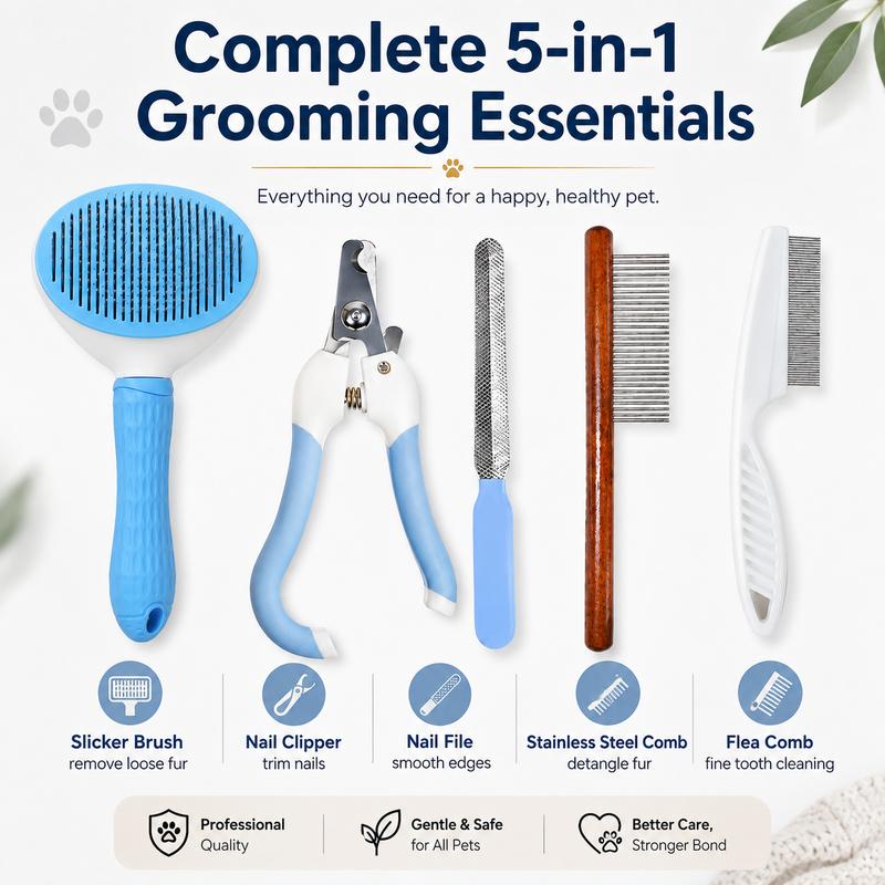 Popular 5-Piece Pet Grooming Kit, Nail Clipper Comb Flea Comb, Hair Cleaning Tool for Dogs Cats