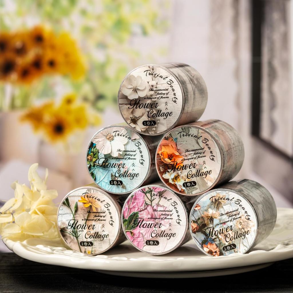 Alideco Masking Cute Retro Floral Collage Washi Adhesive Wide Stylish Masking Stickers 6-Pack Tape, Tape, Width, DIY, Tape, (qihuamanying)