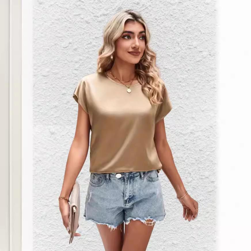 Летний женский однотонный повседневный топ с круглым вырезом, рукавами «летучая мышь» и атласным имитацией шелка, блузки и рубашки с короткими рукавами
