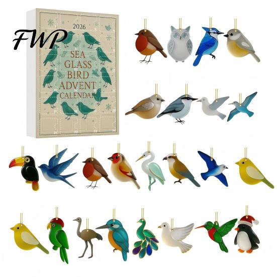 Bird Hanging Decorations for Windows Sea Glass Advent Calendars 2026, 24 Days Christmas Countdown Calendar with Lightweight Acrylic Hangings