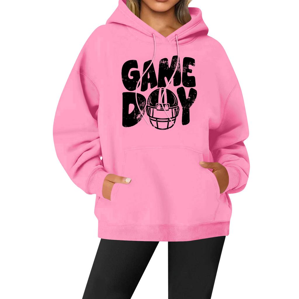 Women's Casual Fashion Solid Color Rugby Print Long Sleeve Hooded Sweatshirt Top