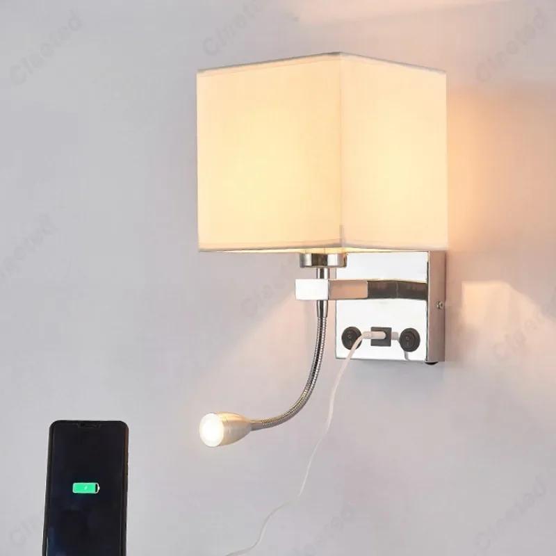 Светодиодный тканевый абажур E27 с выключателем, настенный светильник, USB-порт для зарядки, регулируемый угол наклона, светильник для чтения в спальне