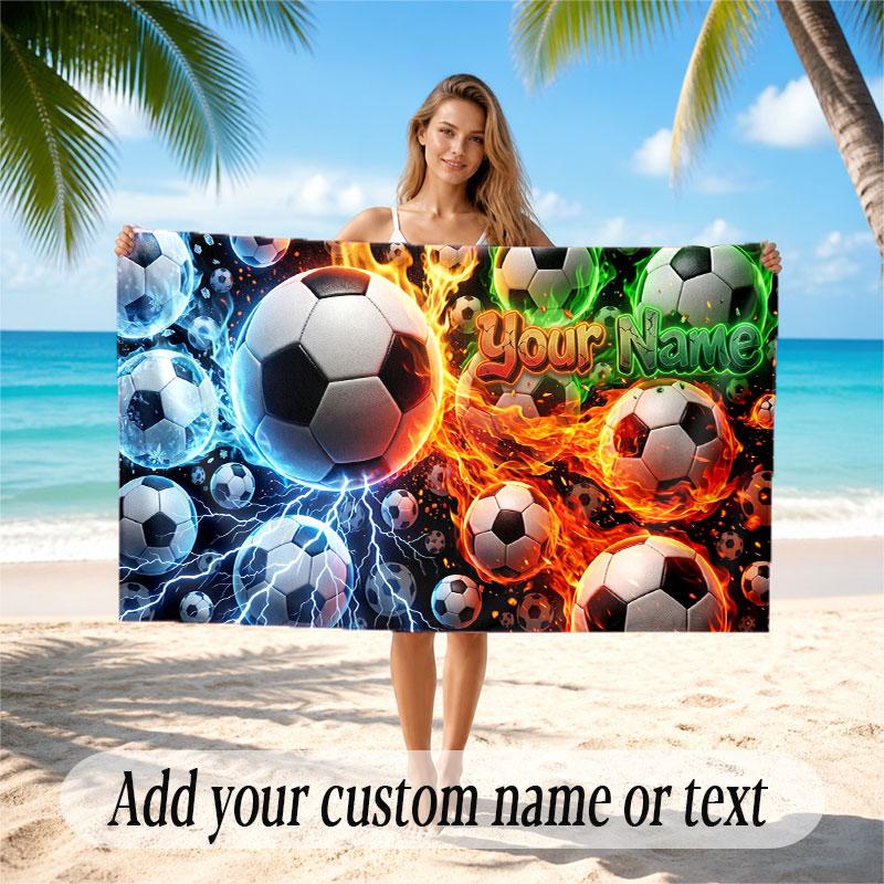 Soccer Theme Beach Towel Personalized Custom Name & Text Soft Quick Dry Beach Towel for Swimming Travel