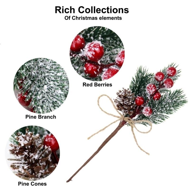 10 шт. Искусственные рождественские пики, Стебли с красными рождественскими ягодами, Сосновые ветки с шишками, Веточка остролиста, Зимний праздничный цветочный пик, DIY украшение