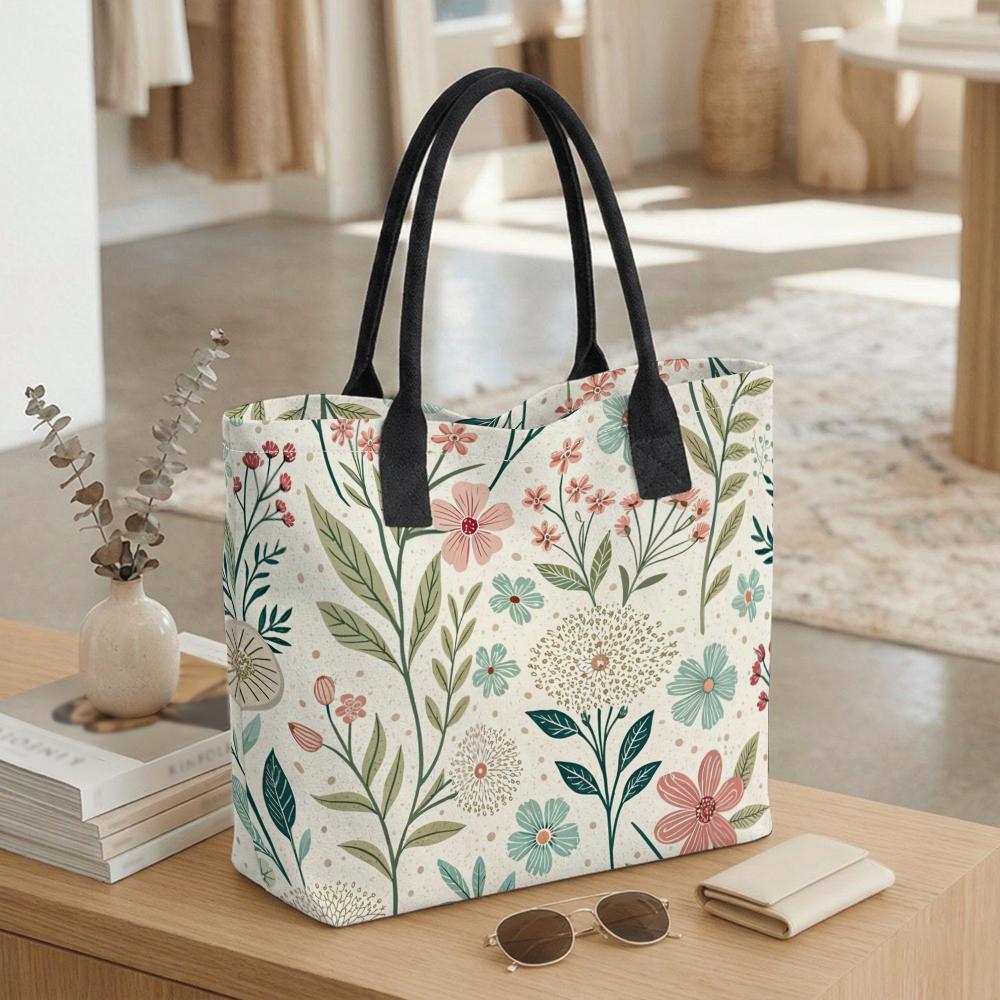 Floral Print Tote Bag Casual Canvas Shoulder Bag for Daily Use