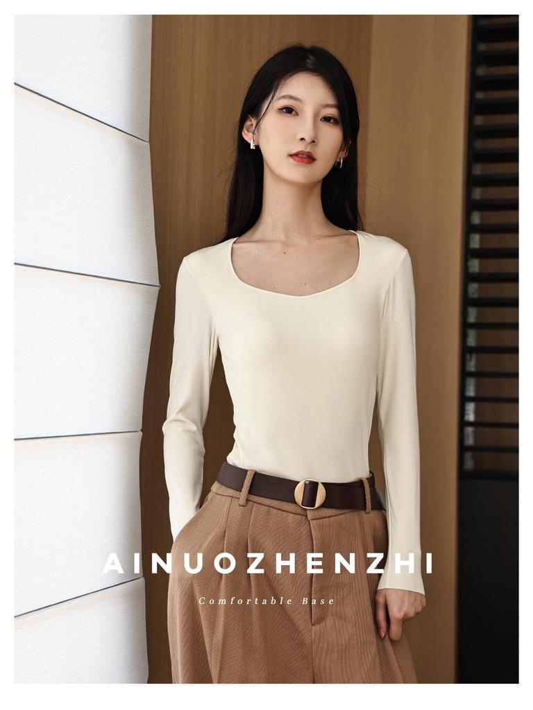 Women's Wool Square Collar Long Sleeve Thermal Shirt with Chest Pad