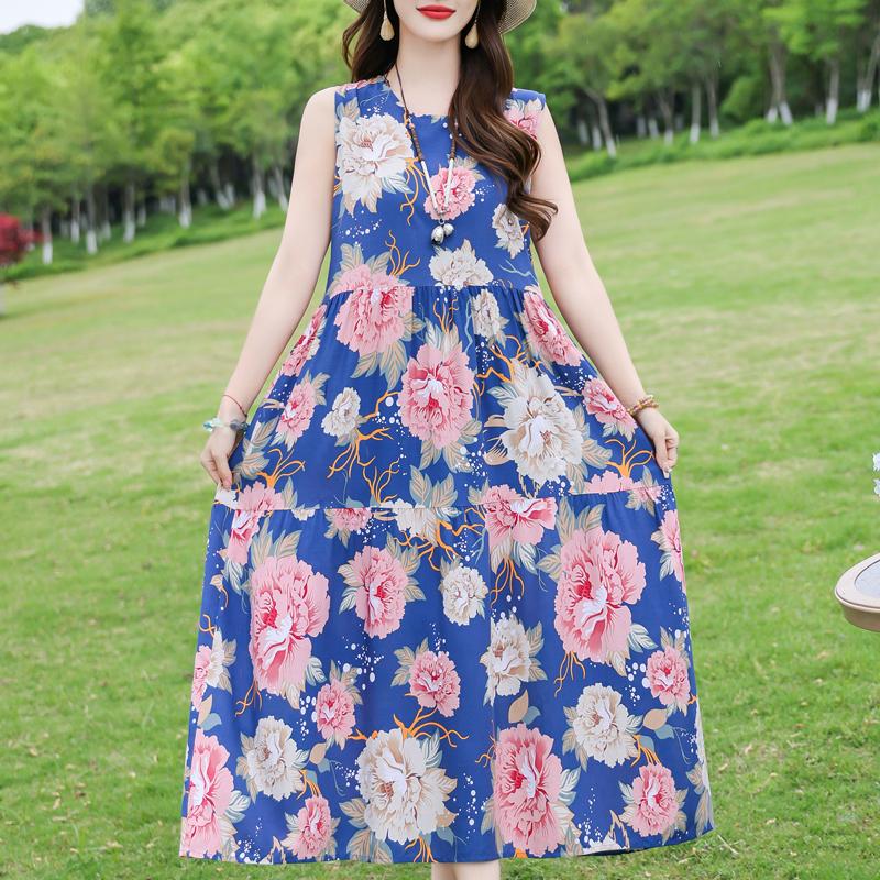 Элегантное женское платье без рукавов больших размеров с коротким рукавом и винтажным принтом, длинное платье, летняя повседневная женская одежда среднего возраста