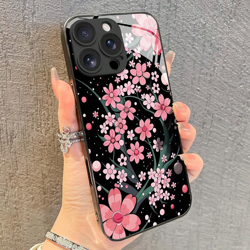 Чехол из закаленного стекла с розовым цветочным узором сакуры для iPhone 17 16 15 14 13 12 11 Pro Max 17Air 16E 7 8 Plus XR XS X