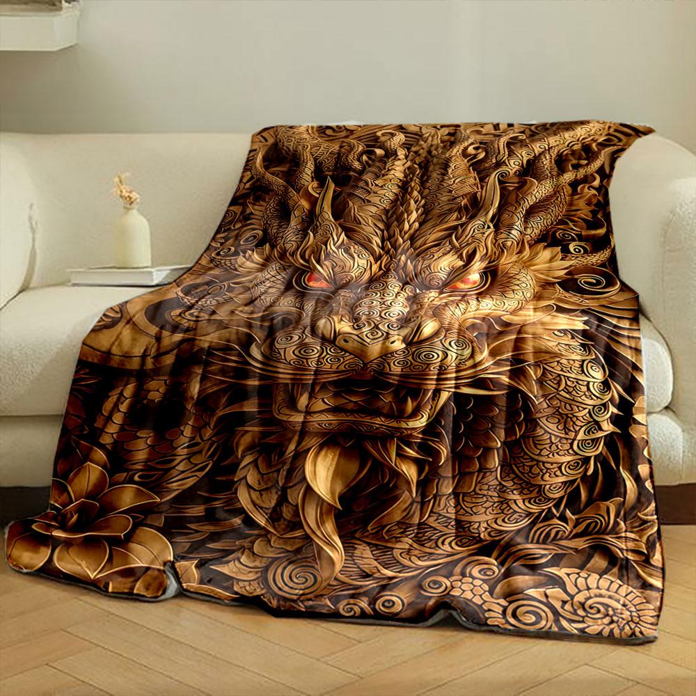 Intricate golden dragon with swirling patterns and glowing eyes. for all seasons blanket lunch break throw gift