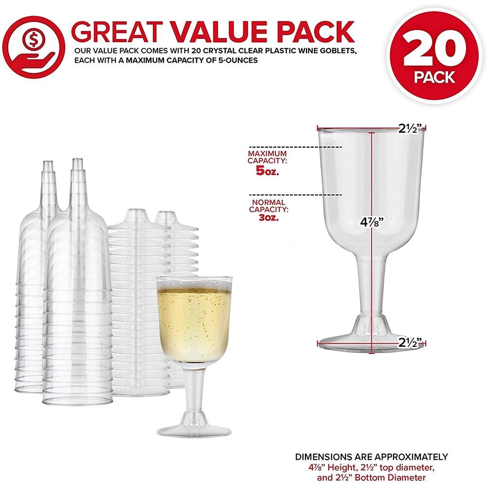 Clear Plastic Wine Glass Recyclable - Shatterproof Wine Goblet - Disposable & Reusable Cups for Champagne, Dessert