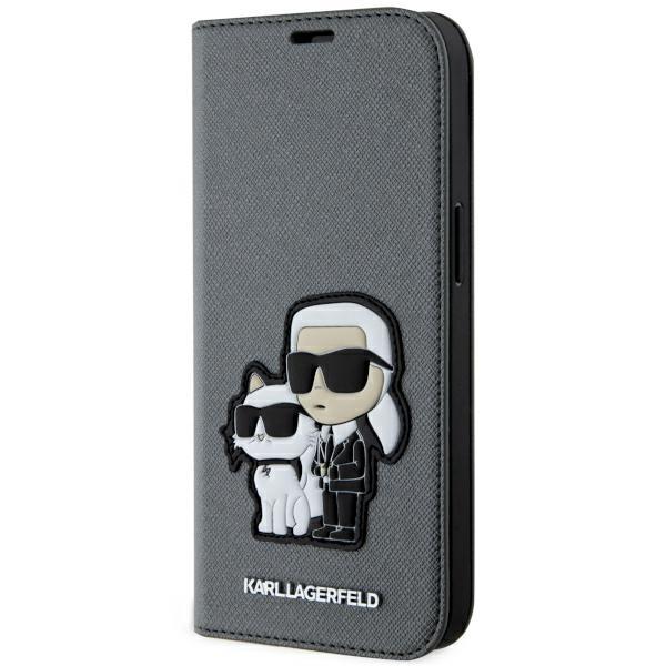 Etui do iPhone 14 Karl Lagerfeld Silver Saffiano Karl & Choupette