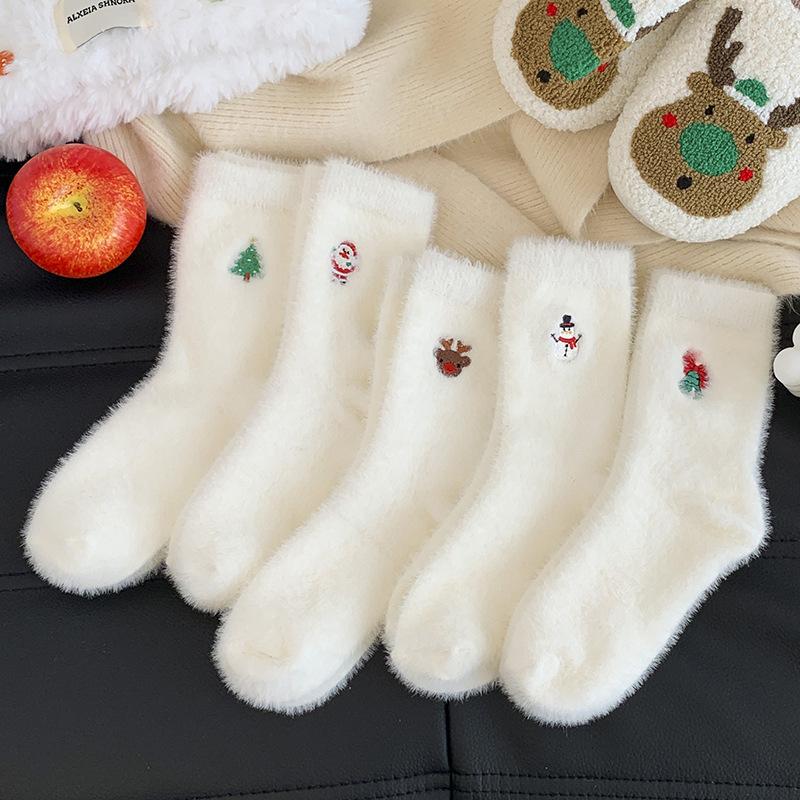 1Pair Christmas Pattern White Mink Fur Socks Women Winter Snowman Santa Claus Socks Soft Fleece Plush Warm Home Sleep Boot Socks
