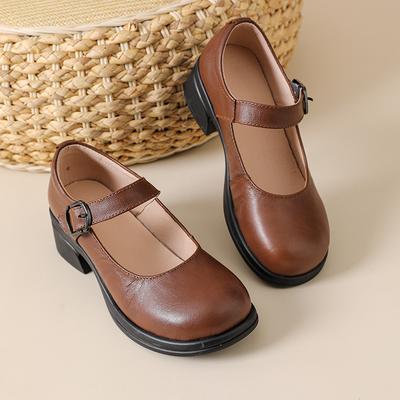 Новые весенние туфли из мягкой кожи, рабочие туфли с коротким носком, туфли для мам на одной пуговице, на среднем каблуке, маленькие кожаные туфли из кожи чжурчжэней