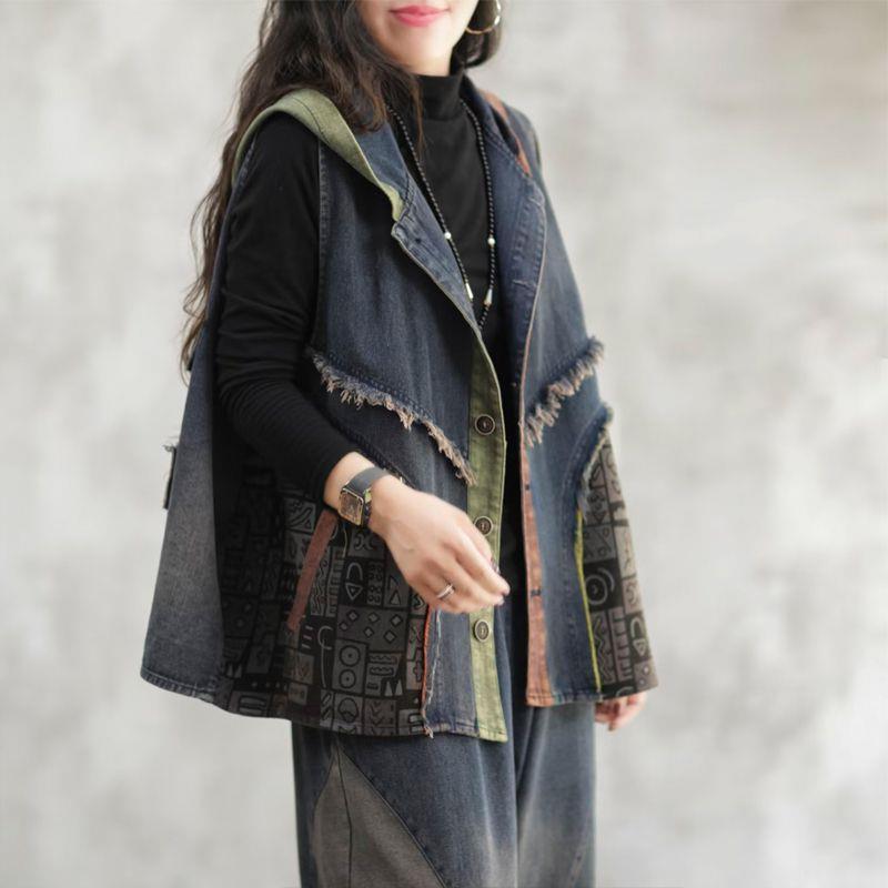 Джинсовый жилет с капюшоном, женский, весна-осень, свободный, литературный, ретро, с молнией, двойной карман, стираный жилет