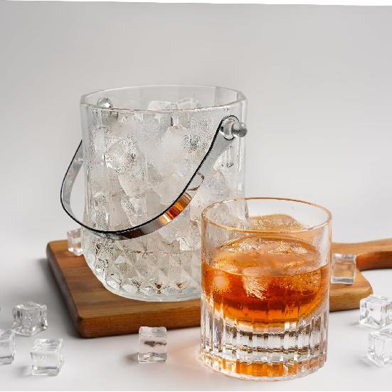 Glass Ice Bucket with Handle and Ice Tong Holds 37oz of Ice Clear Crystal Ice Buckets for Cocktail Bar Wine Home Bar Accessories Parties Clear
