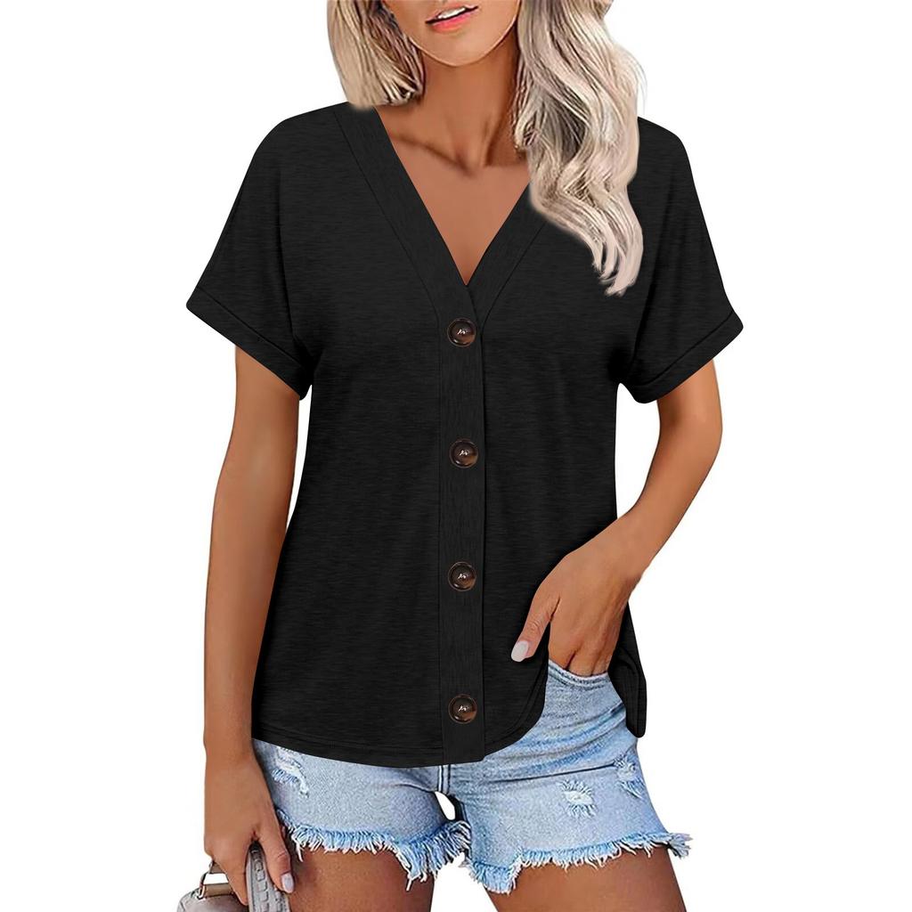 Women's Fashion Short-sleeved V-neck Solid Color Top Casual Button T-shirt