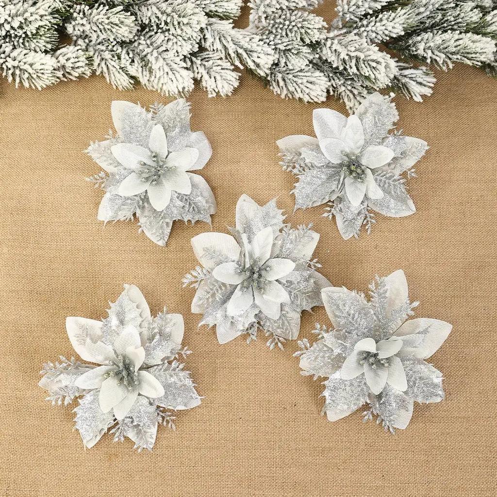 10pcs Christmas Glitter Flowers Fake Flower Christmas Tree Decorations for Home 2025 Tree Pendant Ornaments Navidad