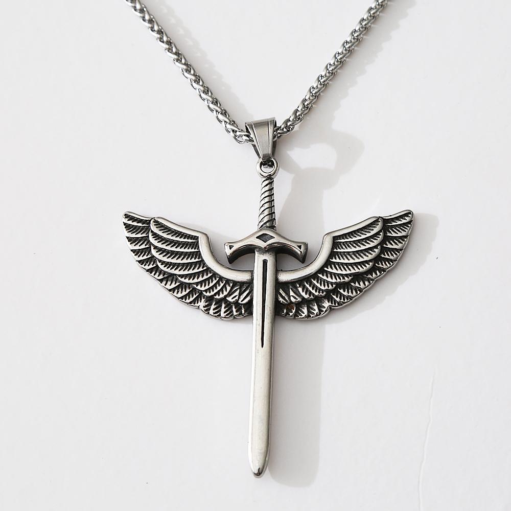 Vintage Angel Holy Sword Stainless Steel Cross Necklace for Men Fashion Jewelry Angel Wing Necklace Pendant Punk Men Chain