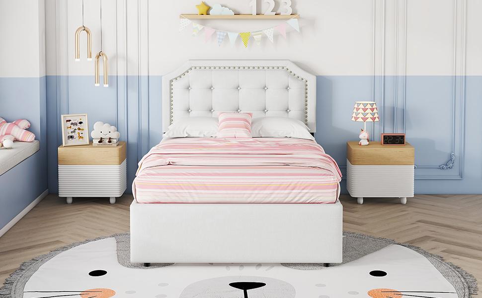 90*200 cm Low Bed, Upholstered Bed, Nightstand Upholstery with Decorative Rivets, Double Drawers, Light Beige